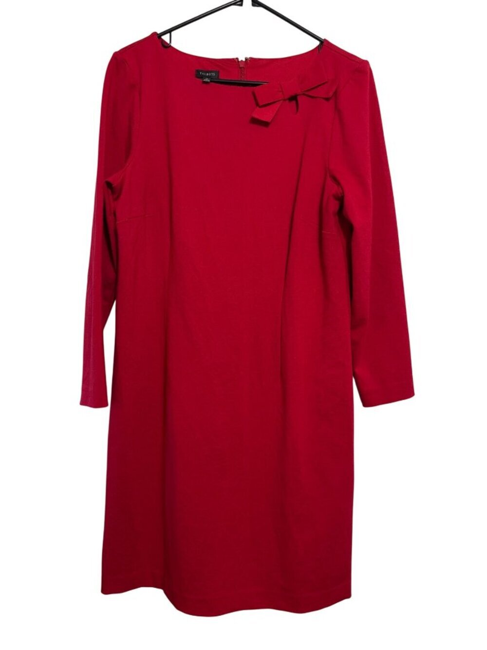 Talbots Red Bow-Accent Sheath Dress Womens Size 10 Long Sleeves Back Zipper Clas